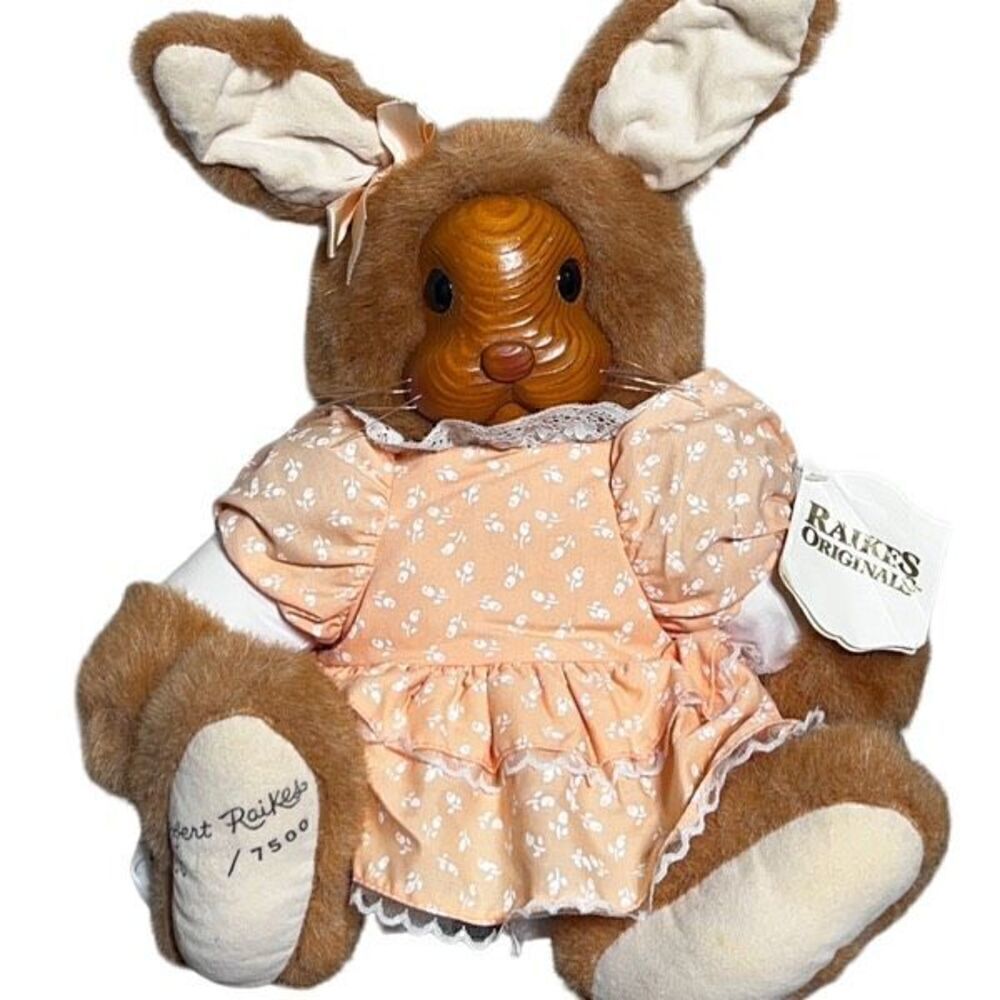 Robert Raikes 15" Aunt MaryLou Wooden Face Bunny Rabbit Plush Toy